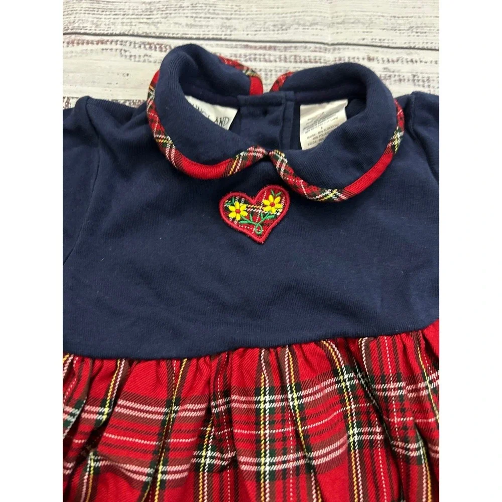 Vintage Youngland‎ Girls Navy Plaid Tartan Heart Applique Long Sleeve Dress 5